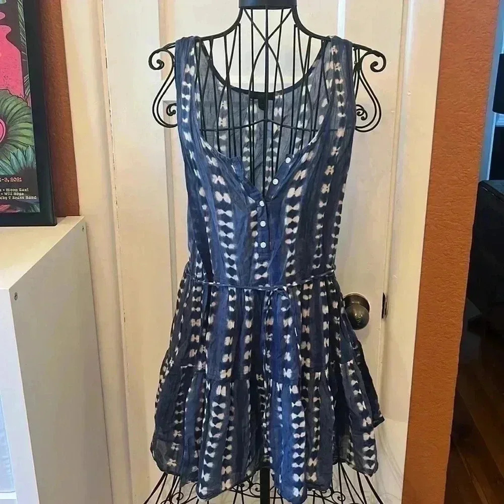 J CREW Womens Sleeveless Mini Dress Blue White Scoop Neck 100% Cotton-Sz S